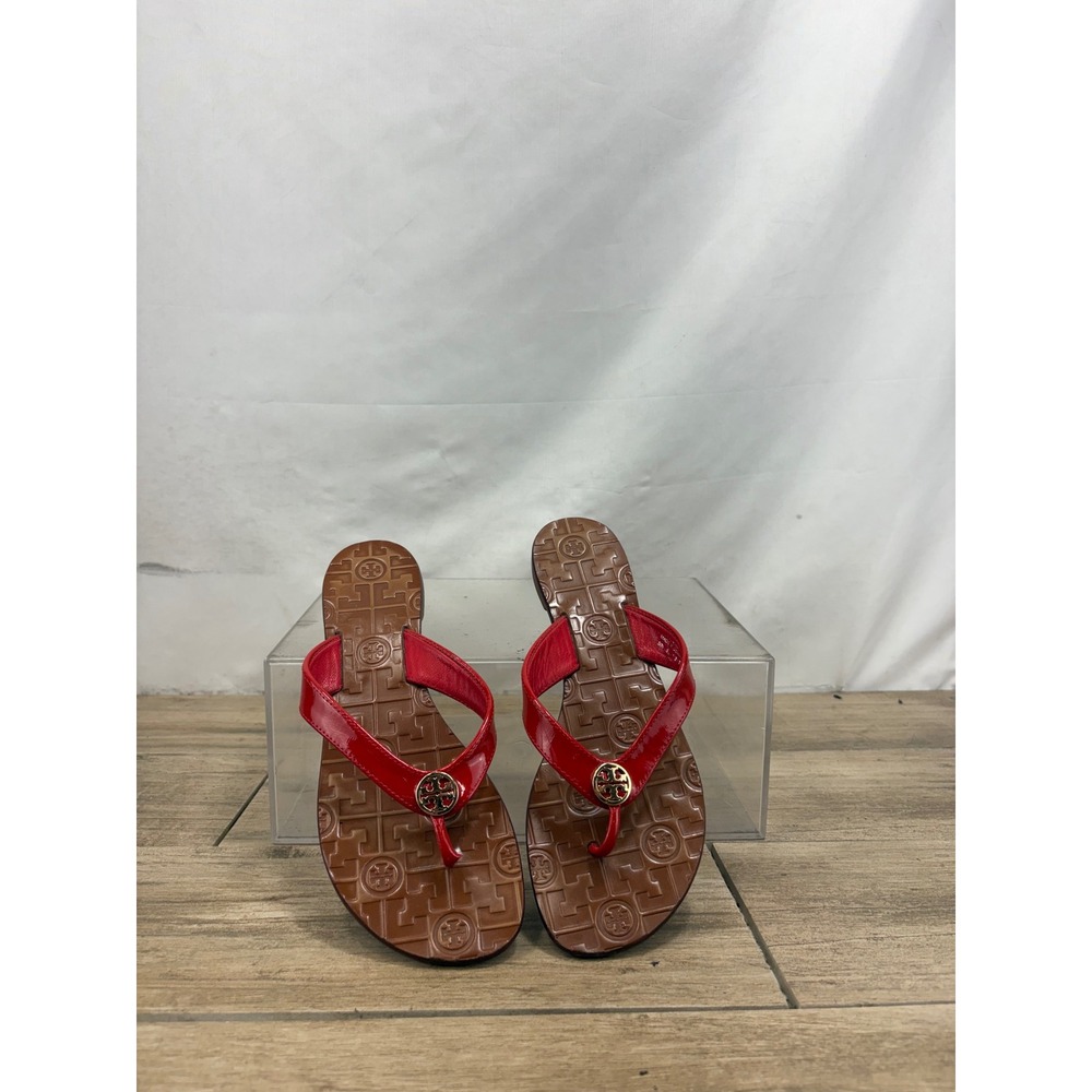 Tory Burch Miller Red Patent Leather Logo Medallion Thong Sandals Womens 9M